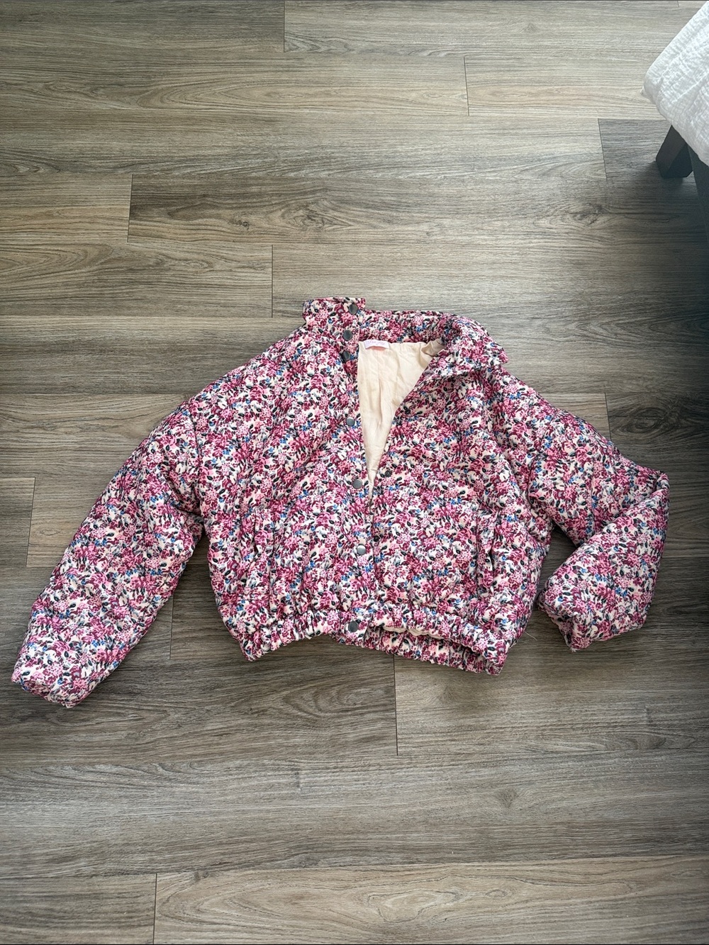 Pink Floral Quilted Cropped Bomber Jacket